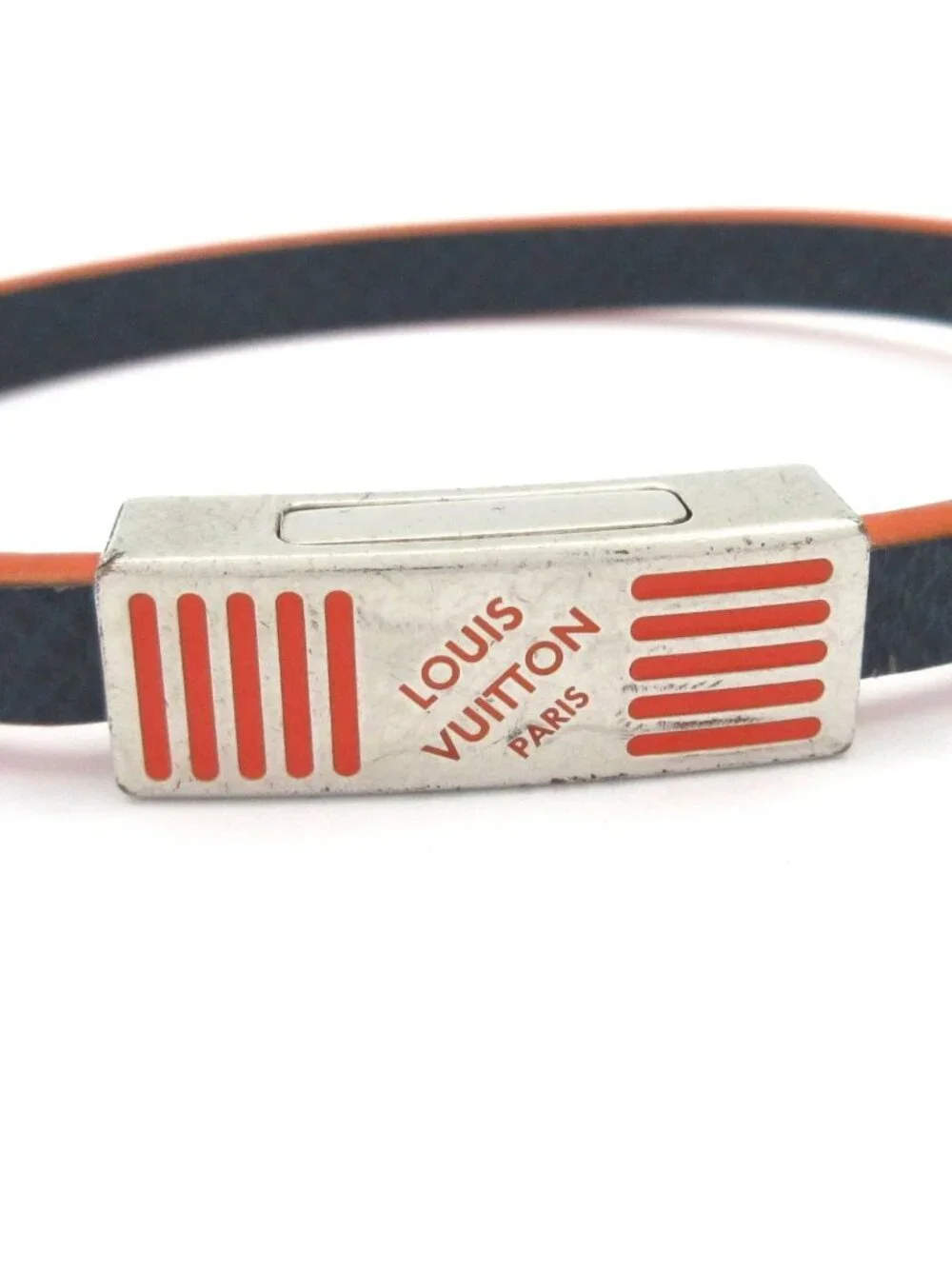 Louis Vuitton Bracelet Edge It Leather Navy Orange Silver